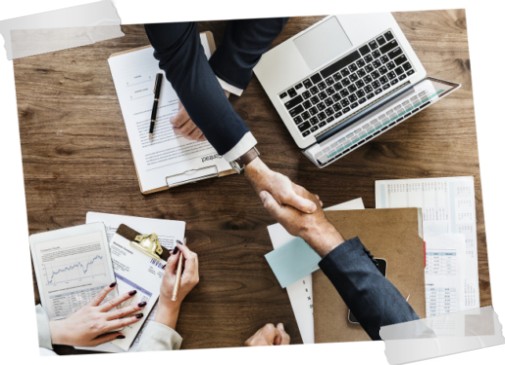 Two people shaking hands, Open laptop, woman taking notes